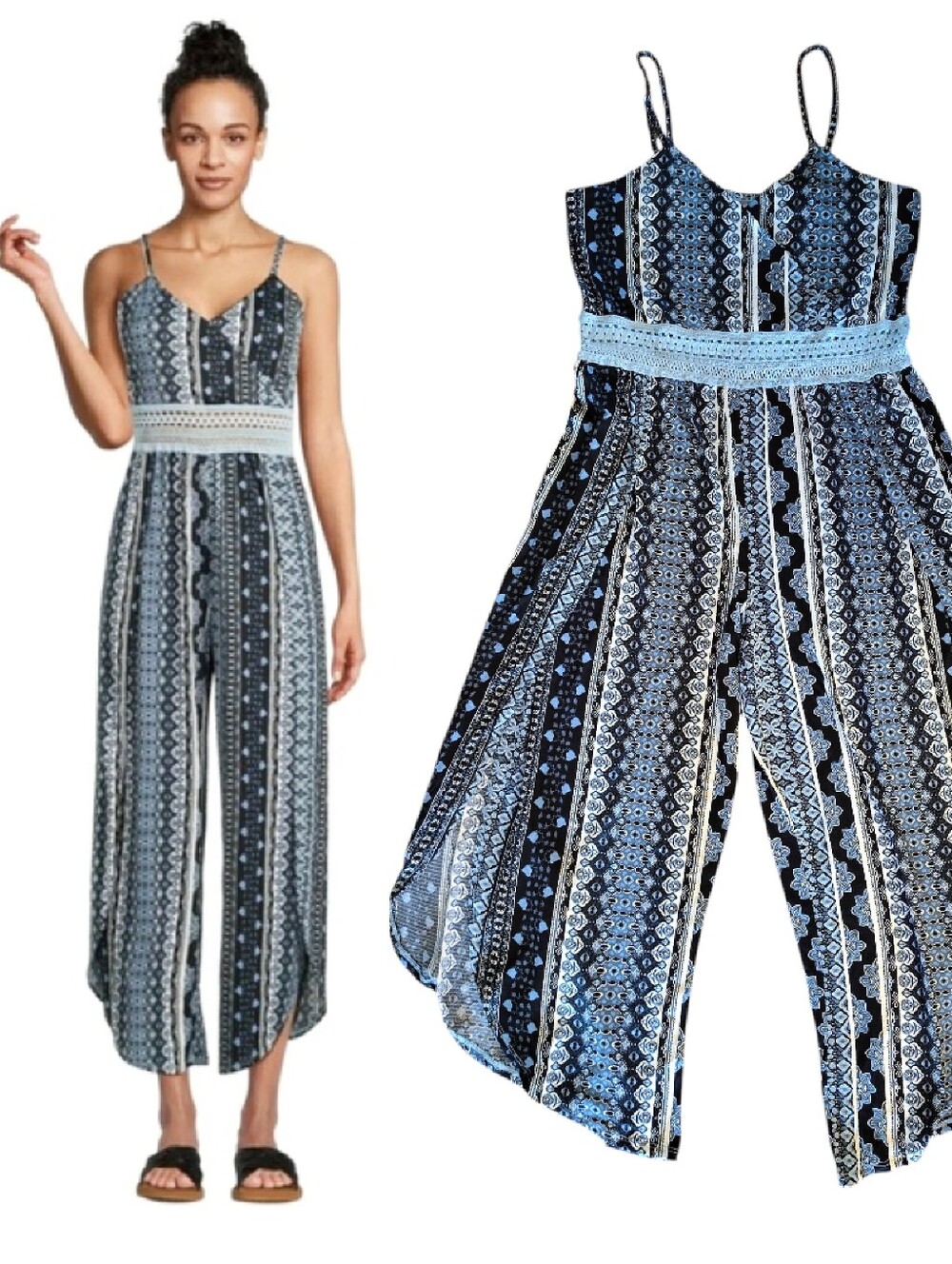 NOBO Blue White Boho Print Surplice Wide Leg Jumpsuit Plus XL‎ Crochet Trim